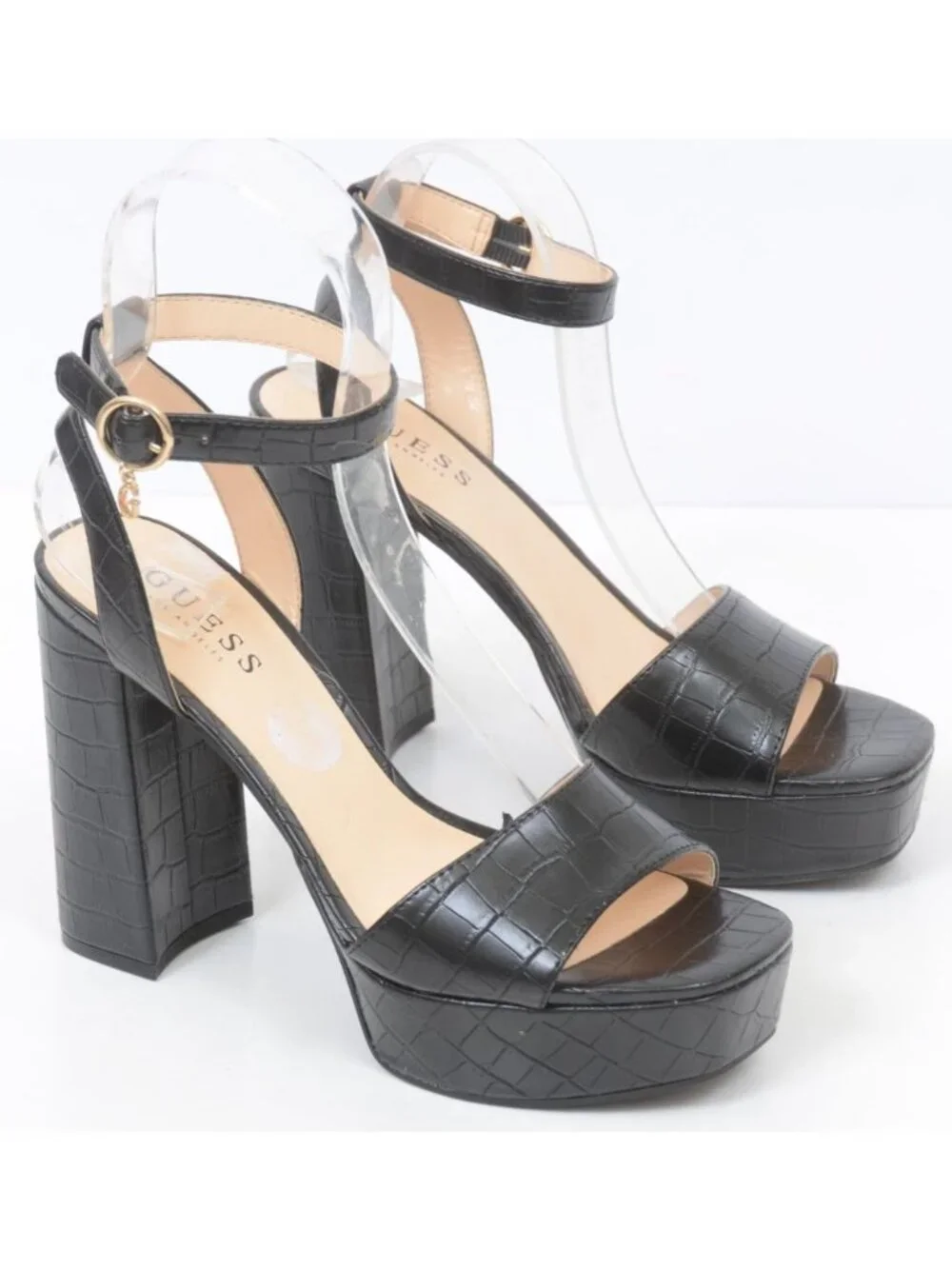 Guess Women's 8.5 Moc Croc 5 Inch Platform Heels Ankle Strap Sandals Clubwear